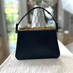 Vintage Alligator Embossed Black HandBag, Deco Gold Bar Clasp, Attach Coin Purse